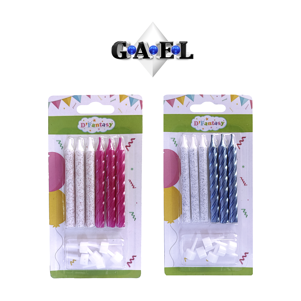 Vela De Palito Tornillo/ Con Escarcha Azul Y Fucsia x1 Und