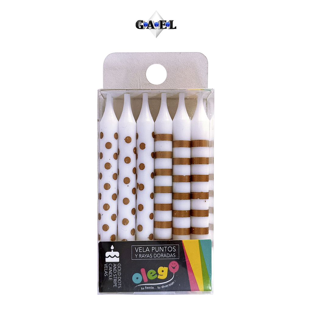 Vela Puntos Y Rayas Doradas x12 Unds 8 Cm