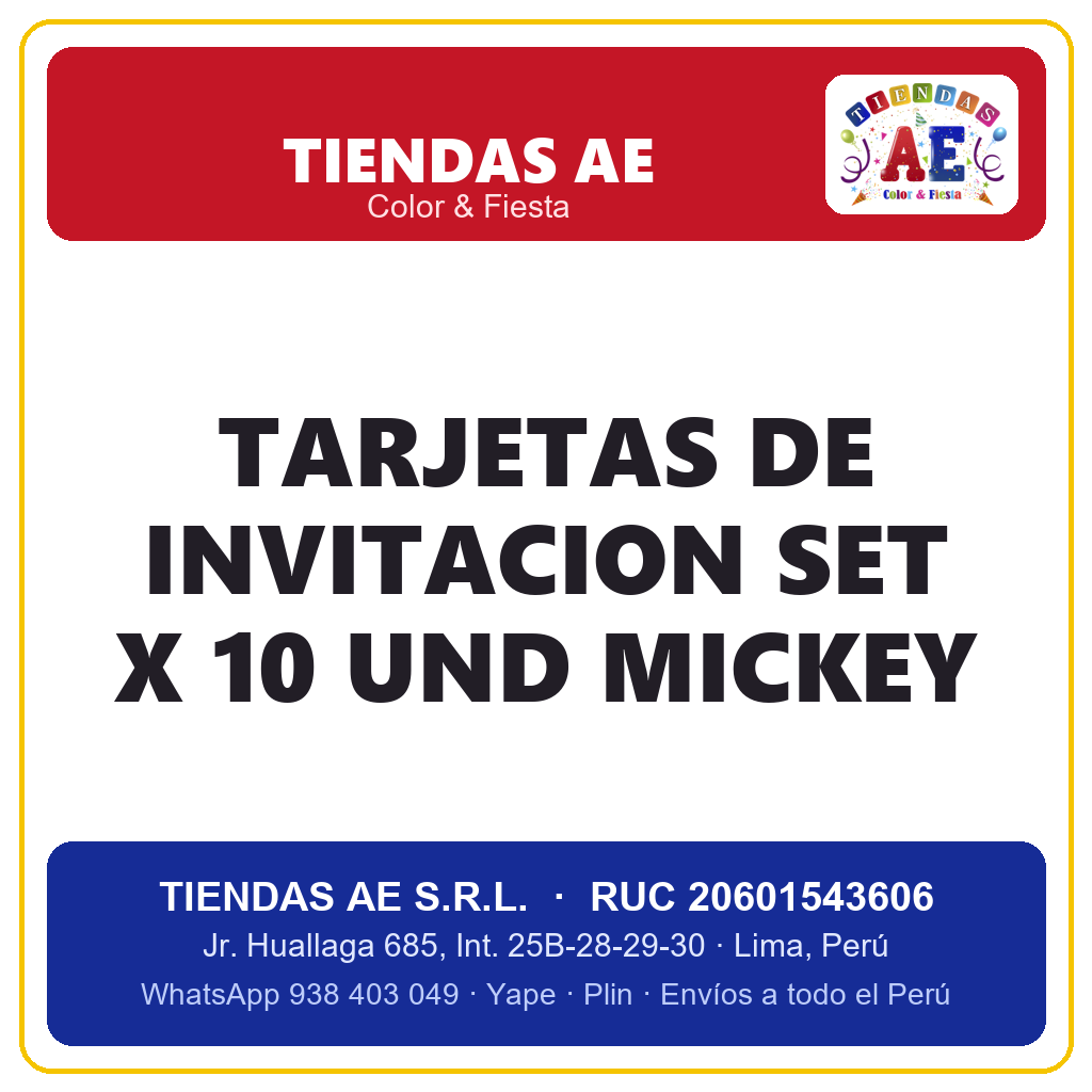 TARJETAS DE INVITACION SET X 10 UND MICKEY