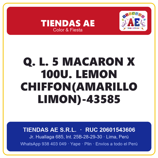[Q.-SI-002428] Q. L. 5  MACARON X 100U. LEMON CHIFFON(AMARILLO LIMON)-43585