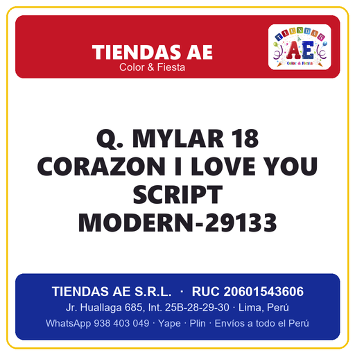 [Q.-SI-002595] Q. MYLAR 18  CORAZON I LOVE YOU SCRIPT MODERN-29133